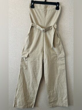 Beige Wide-Leg Utility Jumpsuit with Belt
